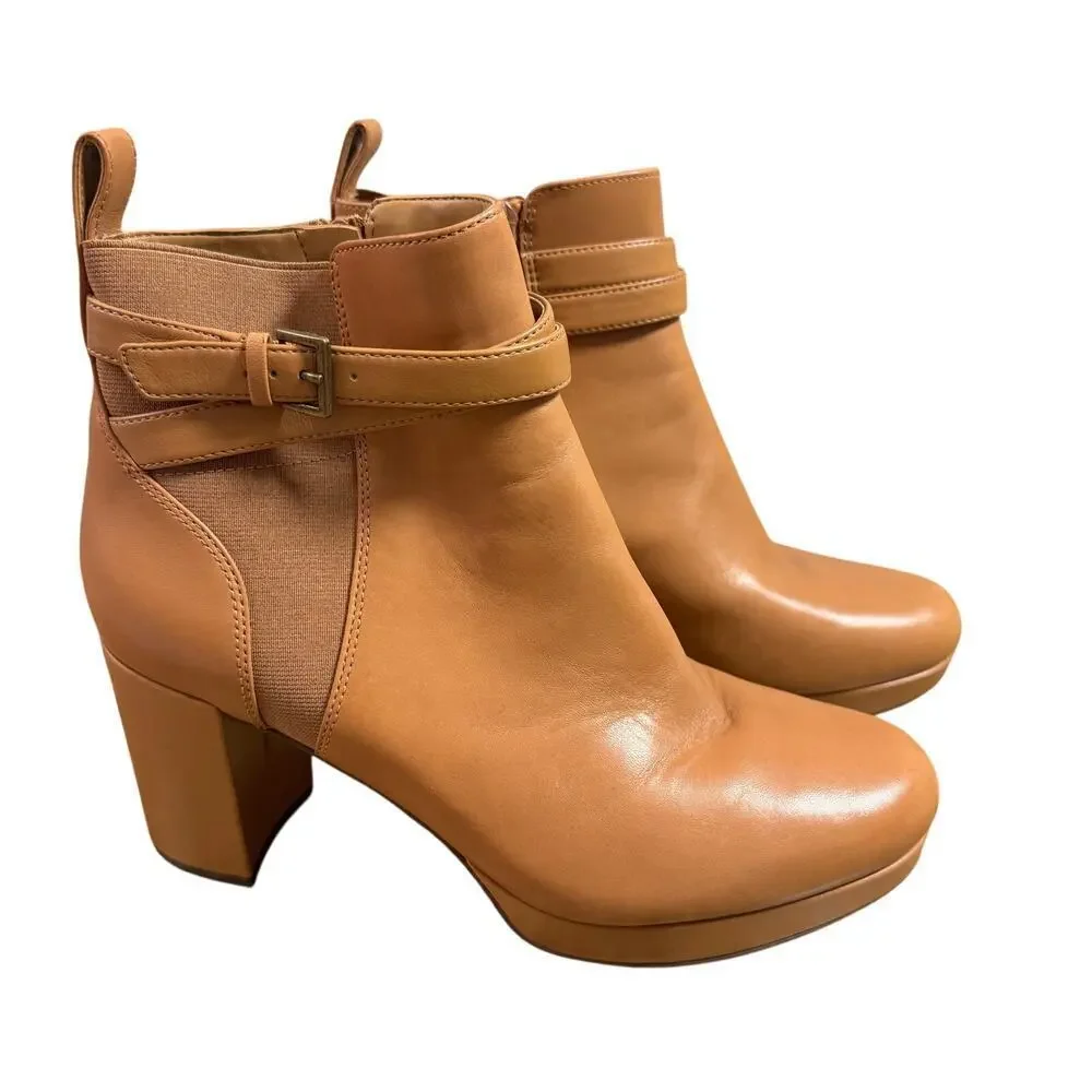 Vionic Nella Womens Leather Ankle Comfort Boot Water Repellent Camel Nappa Sz 9